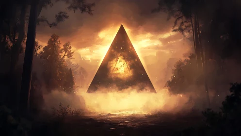 Glowing triangular portal floats in misty forest at dusk