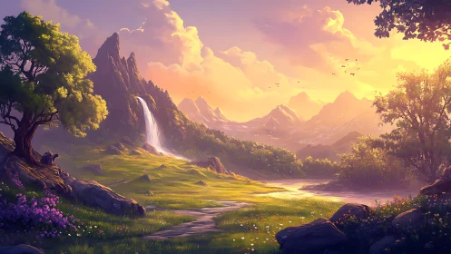 Sunlit waterfall valley where quiet mountains dream awake.