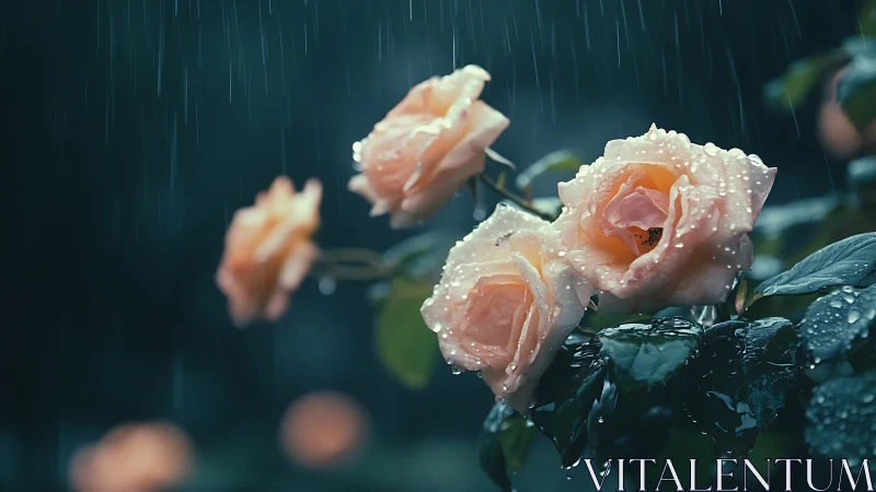 Peach roses with raindrops in rain storm