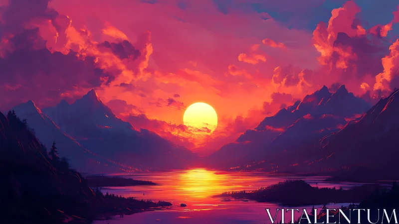 Crimson alpine sunset over mirrored mountain lake horizon.