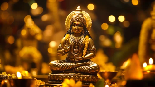 Golden deity sits in candlelit glow, blessing the quiet night