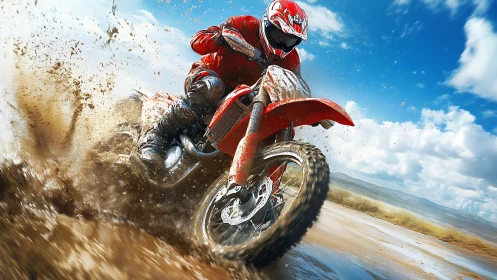 Motocross rider powers through wet dirt in open terrain.