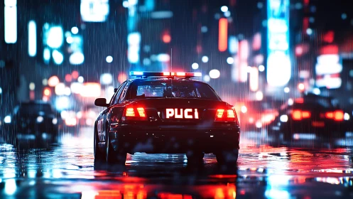 Police car on wet neon city street at night in rain.