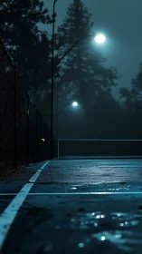 Midnight tennis court gleams while fog swallows the pines