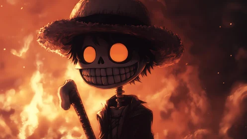 Digital painting of fiery skeletal scarecrow in backlit haze.