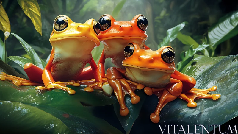 Triad of hyperreal orange tree frogs on saturated foliage.