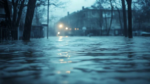Night urban street lies submerged under cold floodwater