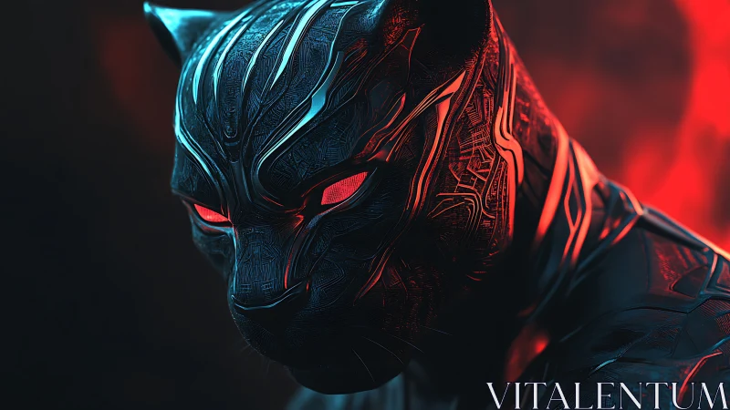 Rendered feline humanoid helmet shows intricate cyan circuitry