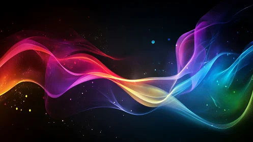 Multicolored flowing light waves on dark digital background.