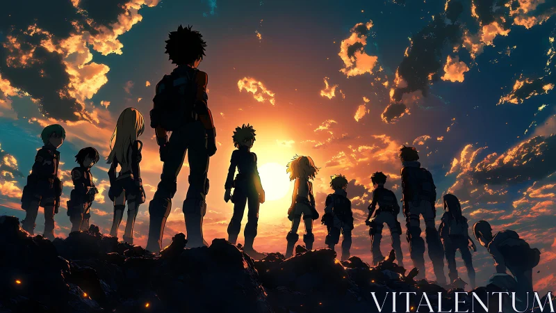 Silhouetted anime heroes stand together at vivid sunset.