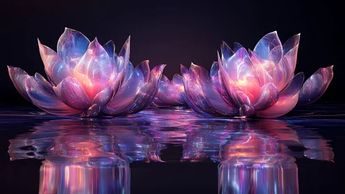 Luminous crystal lotuses glow over mirrored neon water.