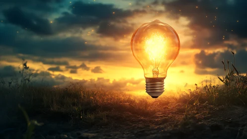 Illuminated glass bulb hovers over grassland at sunset