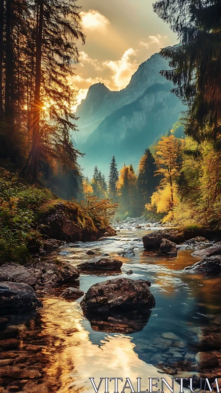 Mountain stream flows through forested valley at sunset