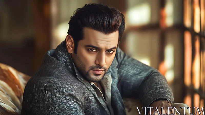 Portrait of seated man in textured blazer indoors.