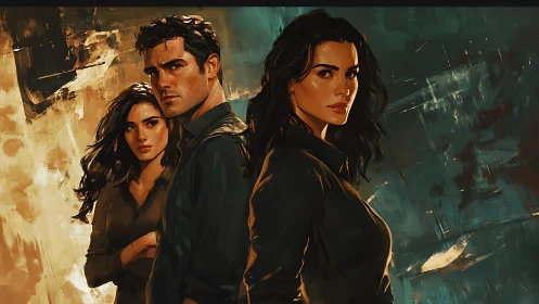 Three serious figures stand against abstract painted backdrop