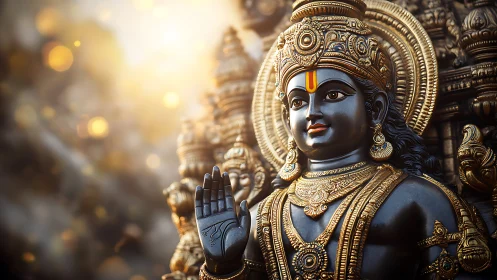 Golden divine statue radiates serene spiritual grace in light