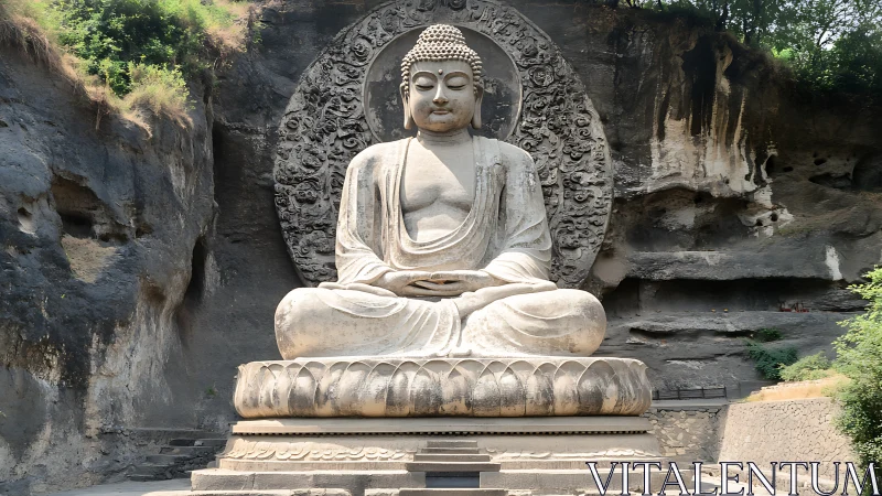 Stone Buddha sculpture seated before intricately carved halo.
