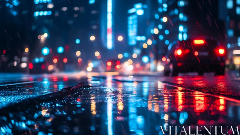 Neon city street at night with rain and car reflections.