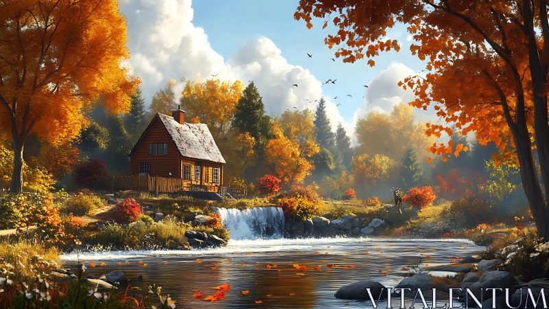 Cabin overlooks bright autumn river beside low waterfall