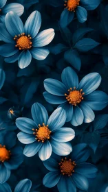 Blue Daisies with Orange Centers Against Dark Background.