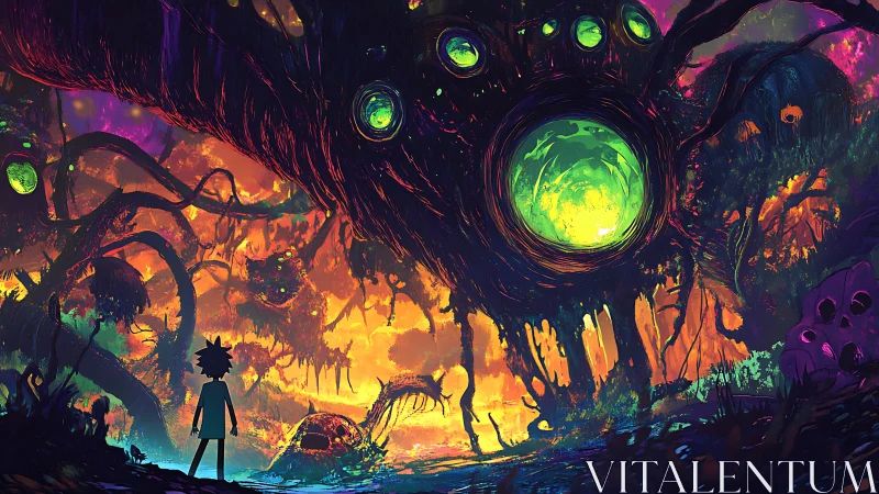 Silhouetted wanderer before colossal neon alien portal.