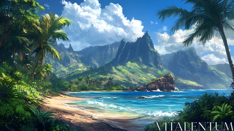 Coastal landscape with dramatic mountainous terrain.