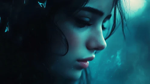 Side profile of young woman rendered in cool teal tones