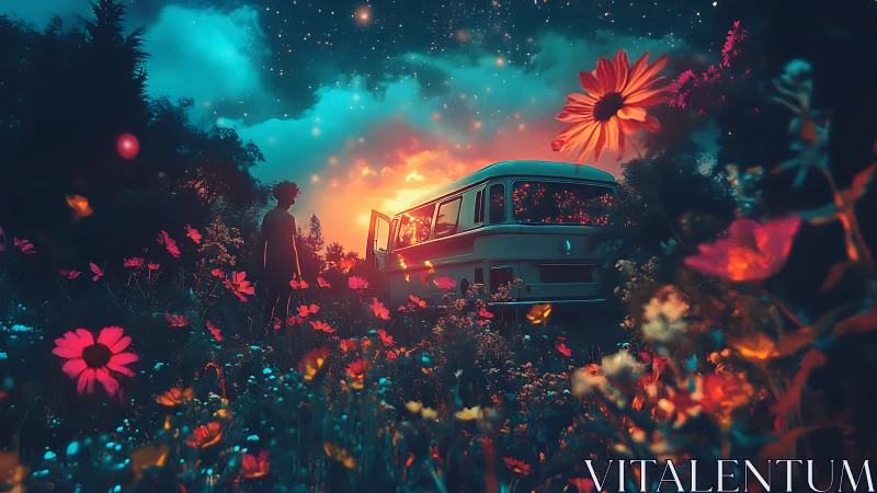 Nocturnal camper van in luminescent wildflower meadow dreamscape