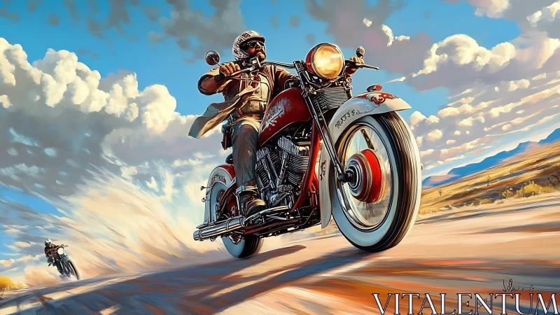 Vintage motorcycle powers through sunlit desert highway