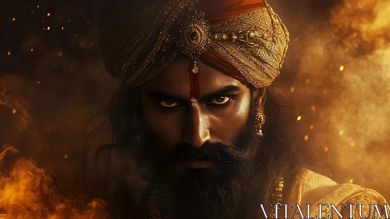 Intense royal warrior in gold turban amid swirling fire.