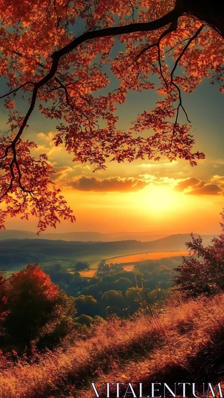 Autumn hillside valley glows under dramatic sunset light
