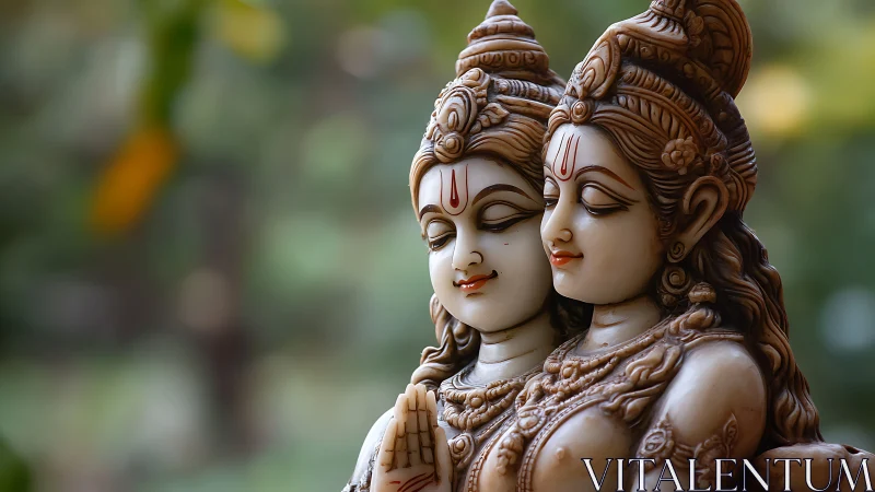 Sacred lovers in carved serenity amid soft forest hush.