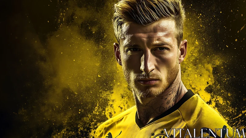 Chromatic portrait of soccer athlete amid dynamic yellow aerosol.