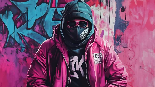 Hooded masked figure in pink jacket before graffiti wall.