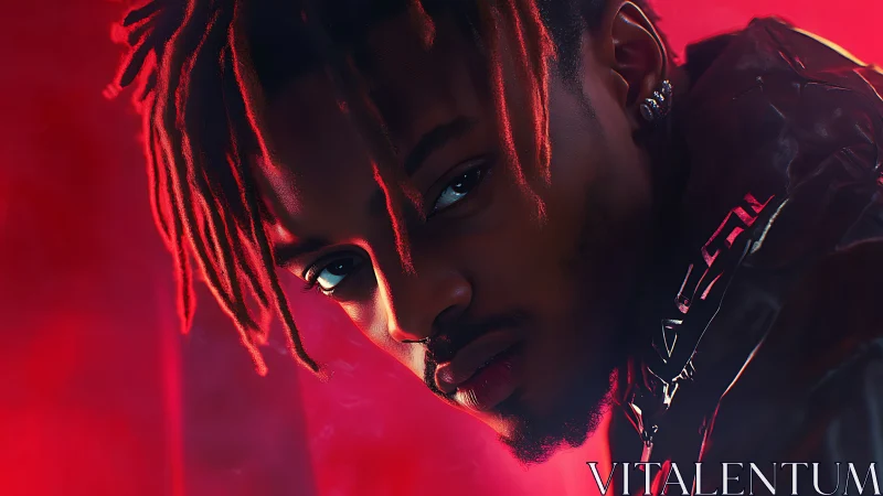 Moody portrait with neon red backlight and glossy jacket finish.