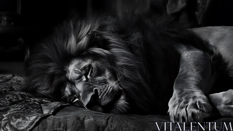 Gentle king at rest, a peaceful lion wrapped in midnight hush.