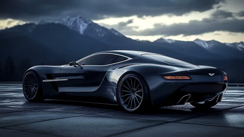 Rendered dark sports coupe is parked before distant mountains