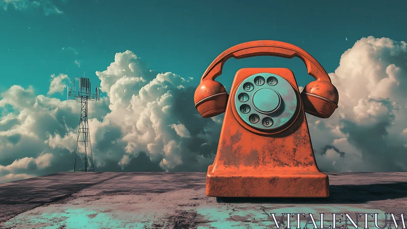 Surreal orange rotary phone beneath teal storm clouds.
