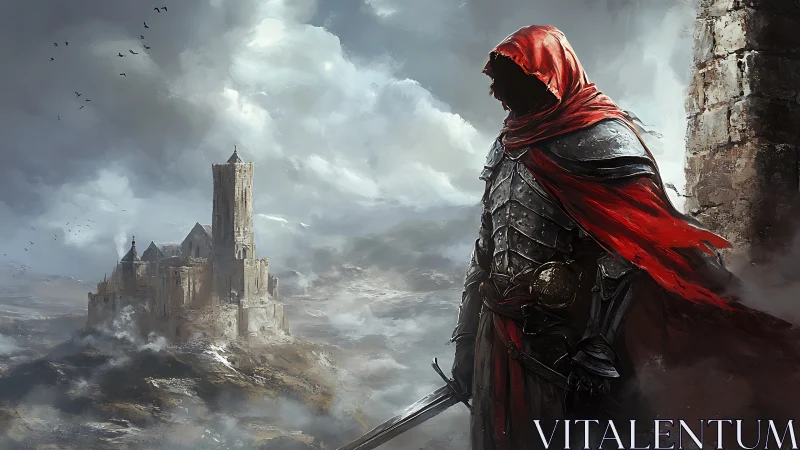 Hooded armored figure overlooking distant stone fortress.