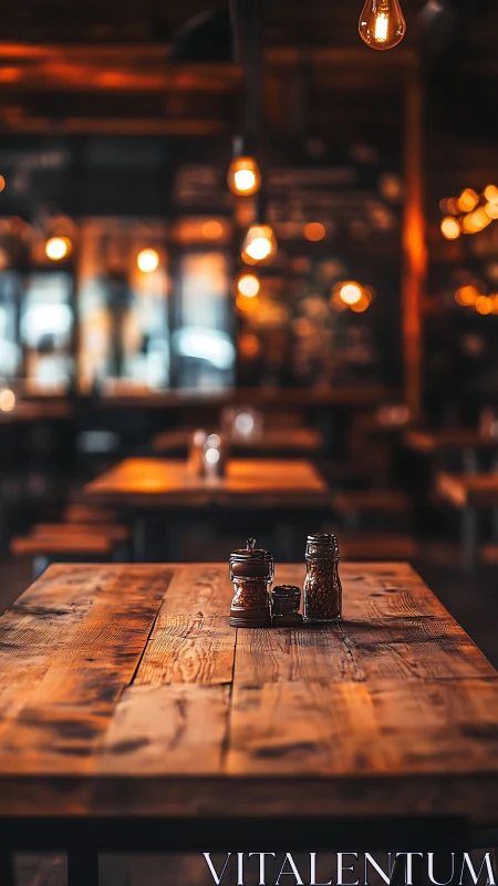 Wooden restaurant table holds condiments under warm lights