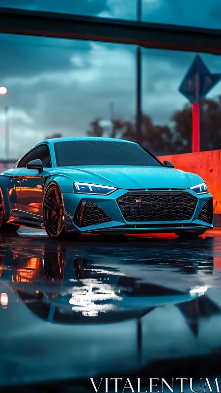Low-angle render of teal sports coupe on wet reflective asphalt
