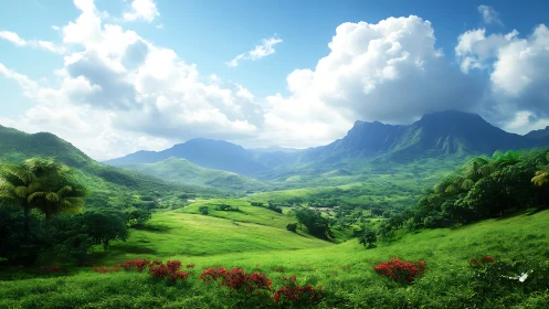 Sunlit tropical valley unfolds below dramatic blue mountains