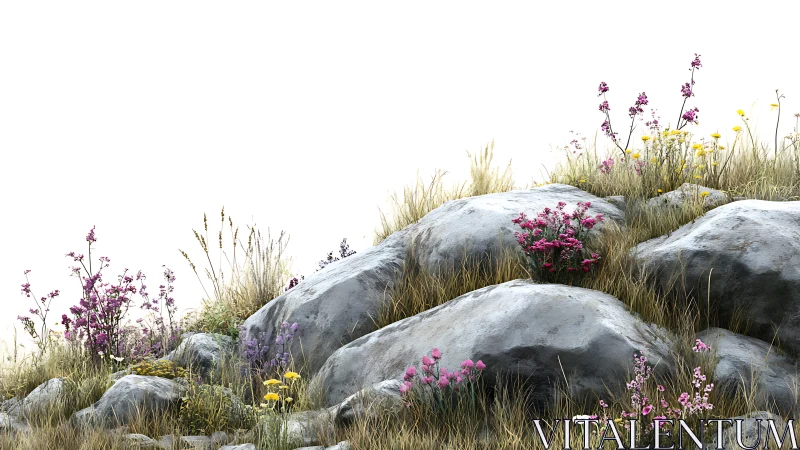 Wildflowers and weathered rocks on sparse hillside terrain.