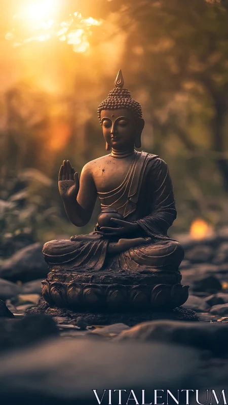 Golden dusk serenity around a tranquil Buddha statue.