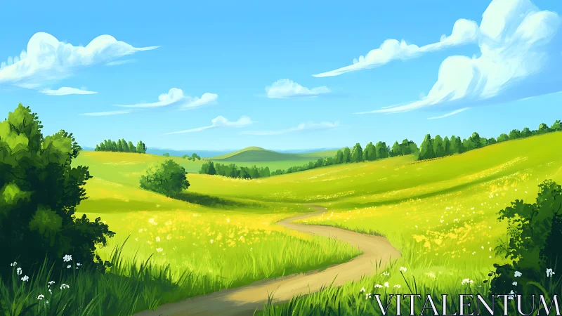 Sunlit country meadow curves toward distant green hills