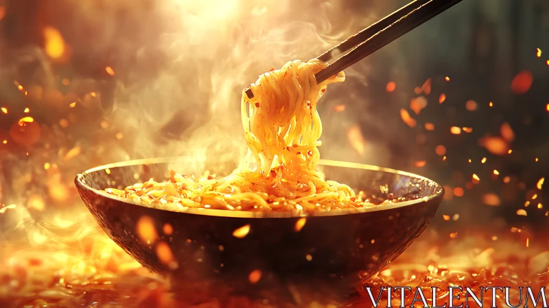 Golden Noodles Lifted from Fiery Wok Bowl.