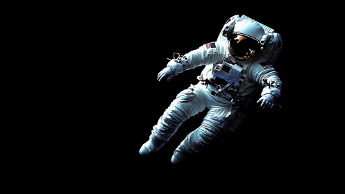 Astronaut in extravehicular suit is floating against black background