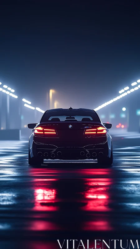 Midnight sports car glows gently along a misty wet city road
