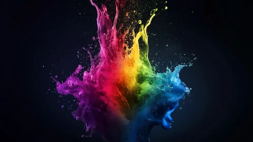 Exploding splash of neon rainbow paint shatters the darkness