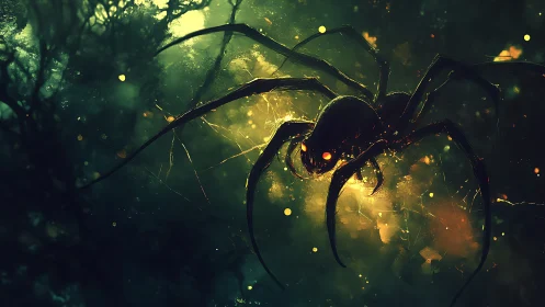 Glowing spider lurks in a misty forest of eerie green light
